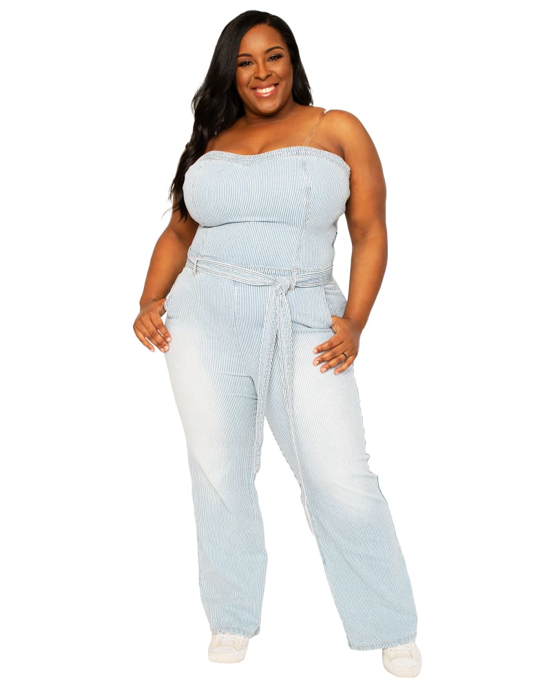 Front of a model wearing a size 14 Tessa Denim Straight Fit Wide Leg Jumpsuit in 3192 Blast by Poetic Justice. | dia_product_style_image_id:275567